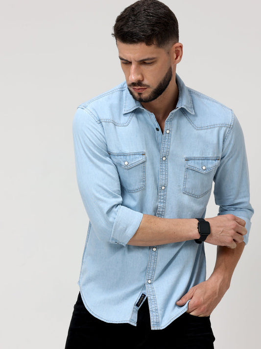 Ice Washed Light Blue Denim Shirt