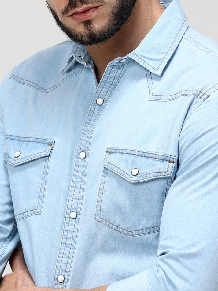 Ice Washed Light Blue Denim Shirt