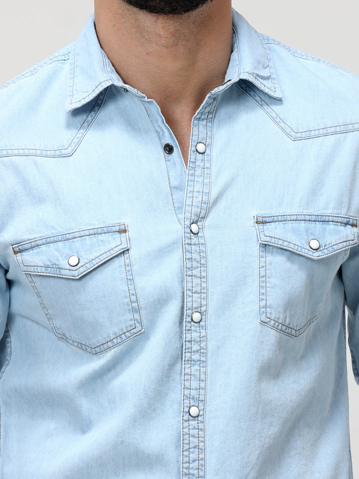 Ice Washed Light Blue Denim Shirt