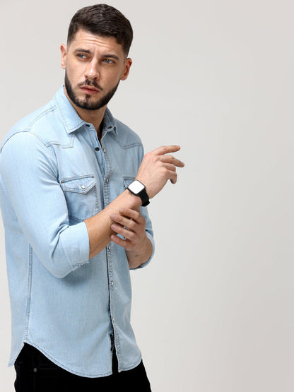 Ice Washed Light Blue Denim Shirt